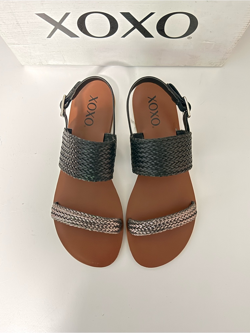 XOXO Black Woven Ankle-Strap Sandals with Braided Toe